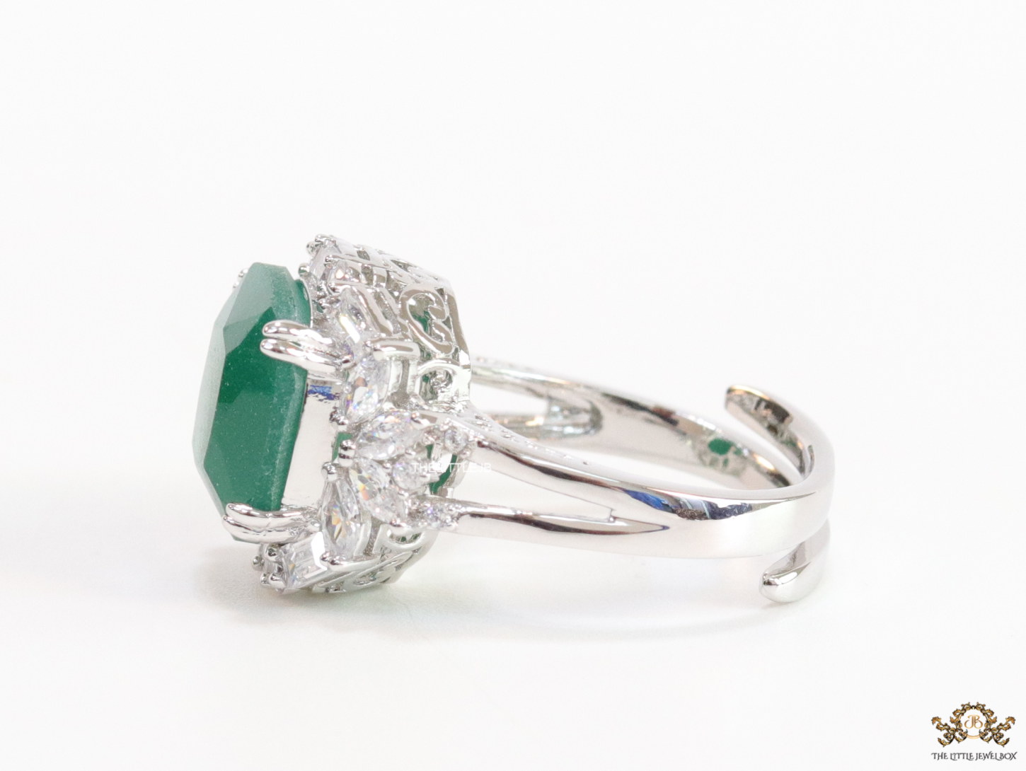 Emerald green square shape stone with cz stone details on silver