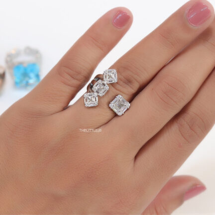 r18 Top open multi layer silver and platinum plated ring with square cz stones on top