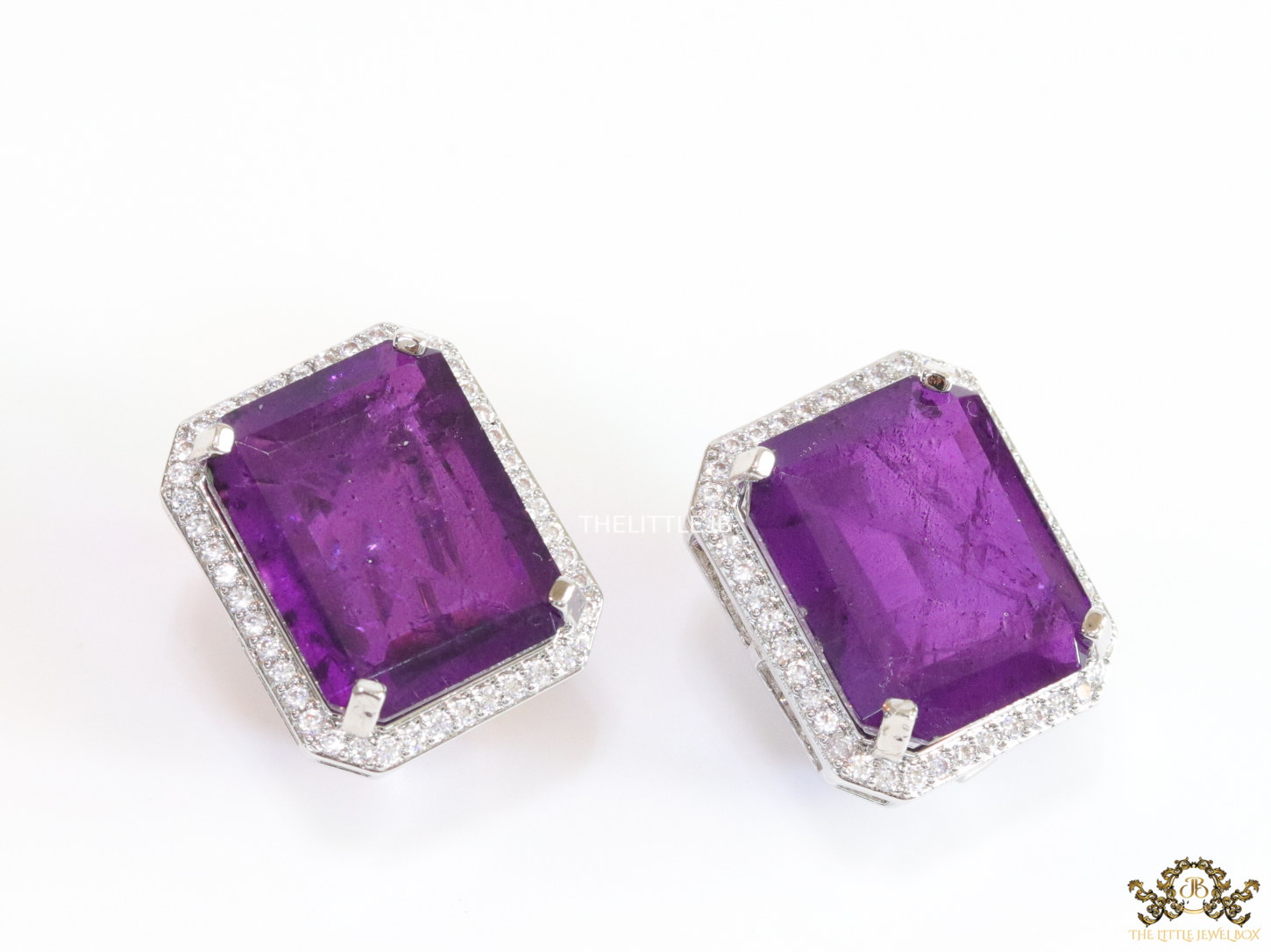 Platinum plated studs with purple doublet stone and white cubic zirconia stones lining - Image 2