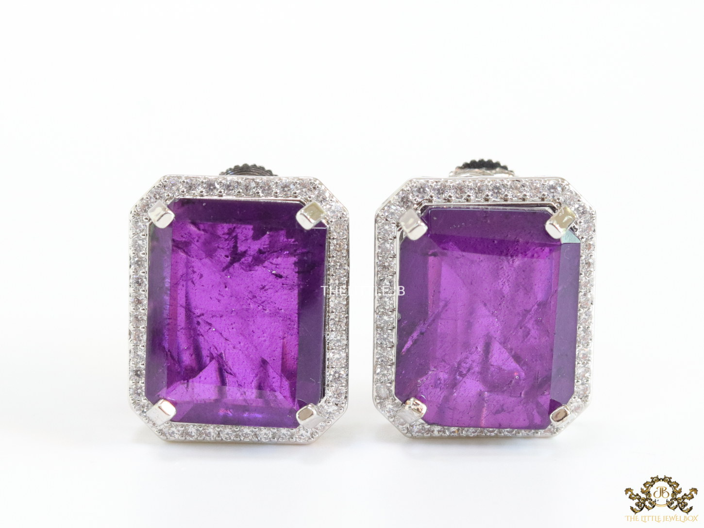 Platinum plated studs with purple doublet stone and white cubic zirconia stones lining - Image 5