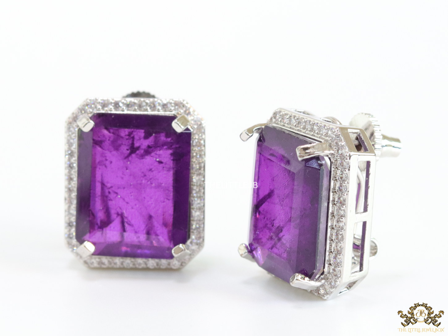 Platinum plated studs with purple doublet stone and white cubic zirconia stones lining - Image 3