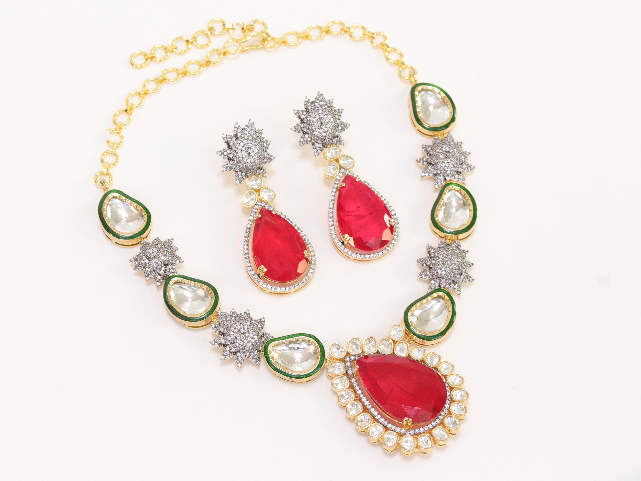 Kundan and ruby necklace set with cz - Image 5