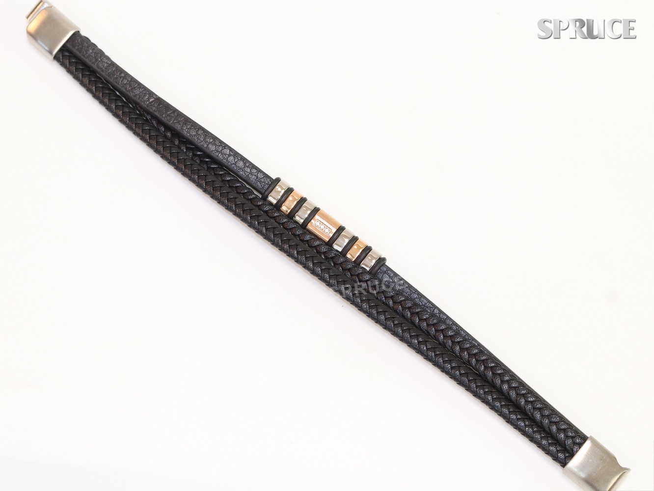 Triple layered Rose Gold and Platinum Faux Leather and CZ Bracelet - Image 10