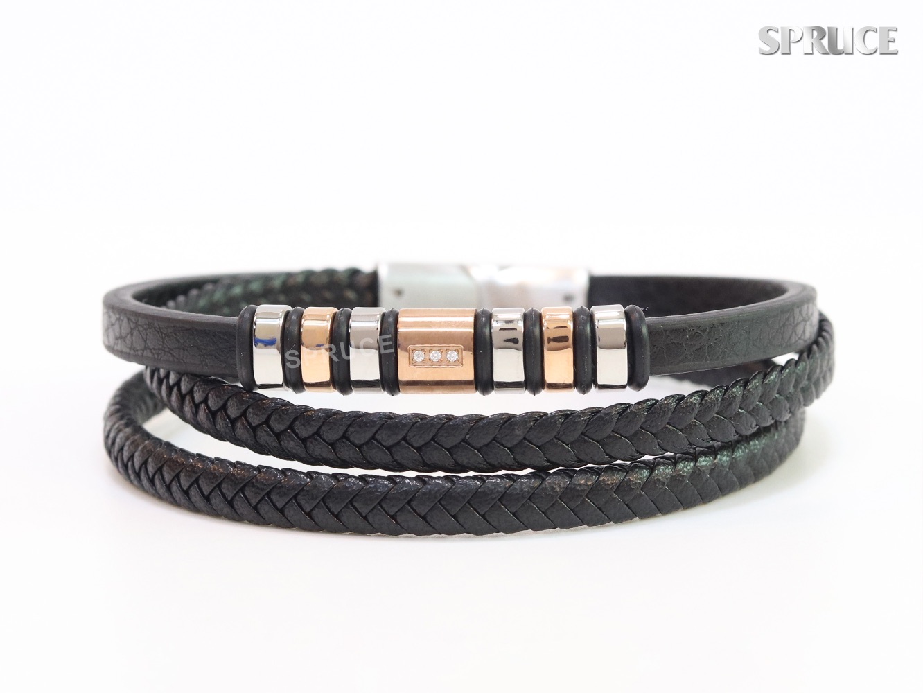 Triple layered Rose Gold and Platinum Faux Leather and CZ Bracelet - Image 3