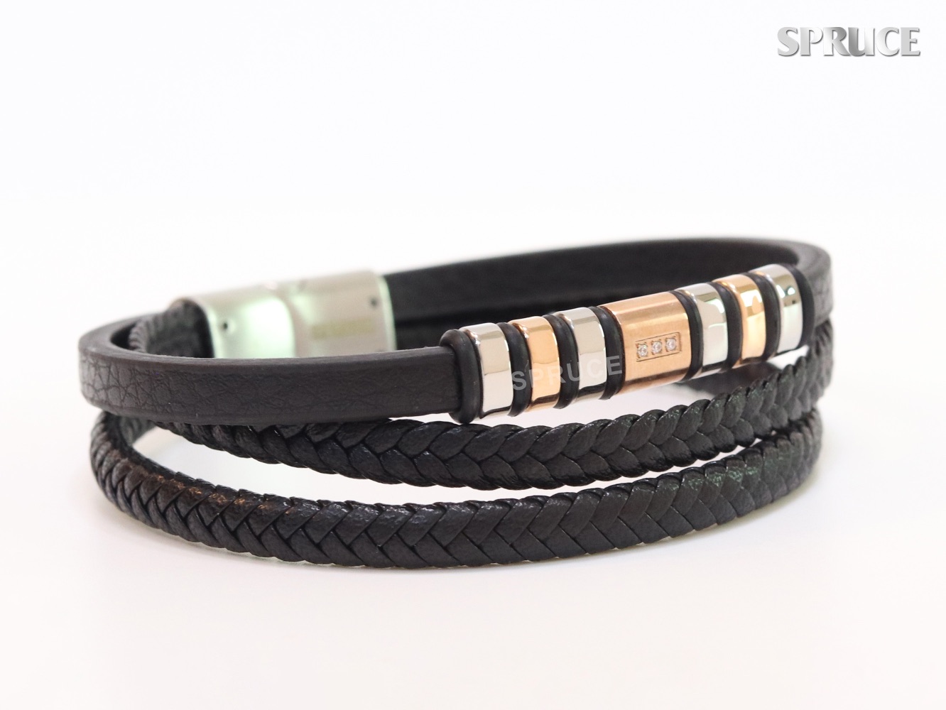 Triple layered Rose Gold and Platinum Faux Leather and CZ Bracelet - Image 7
