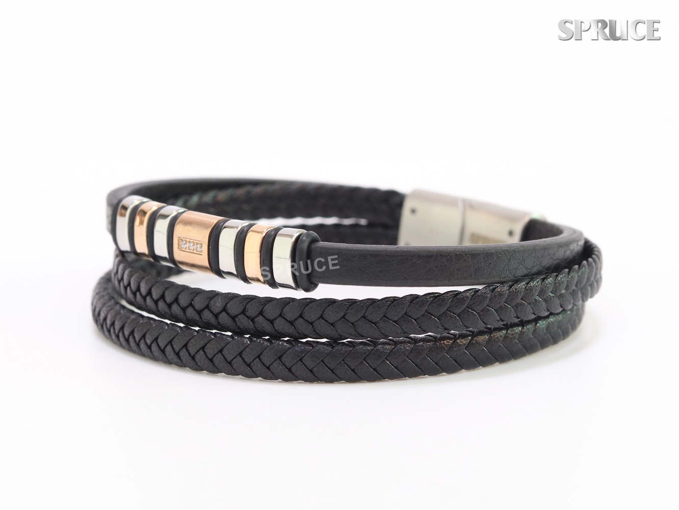 Triple layered Rose Gold and Platinum Faux Leather and CZ Bracelet - Image 6