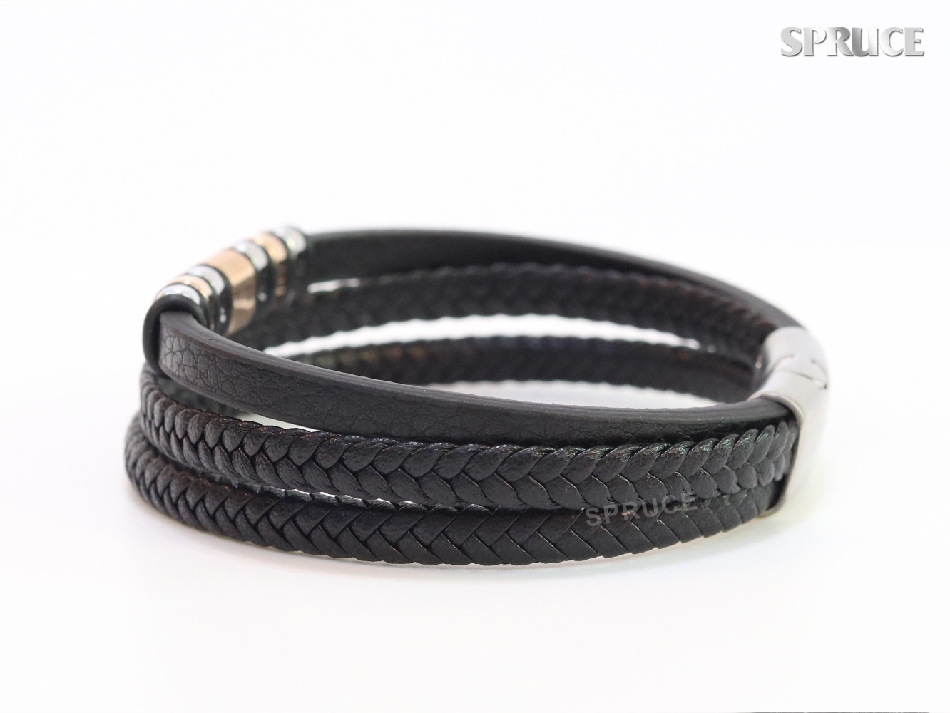 Triple layered Rose Gold and Platinum Faux Leather and CZ Bracelet - Image 5