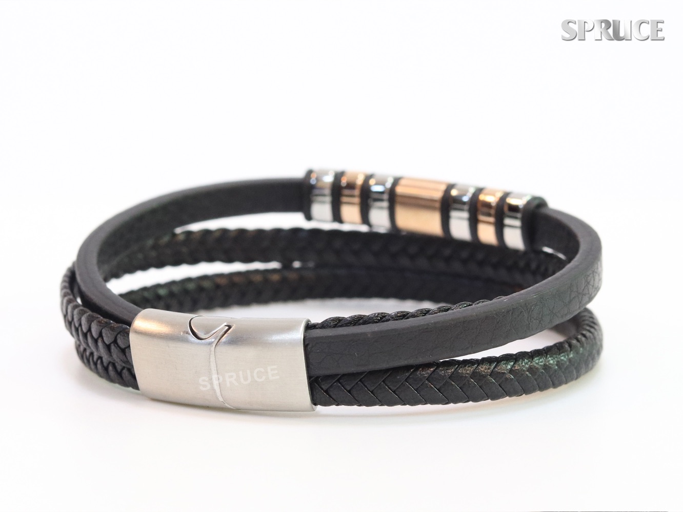 Triple layered Rose Gold and Platinum Faux Leather and CZ Bracelet - Image 4