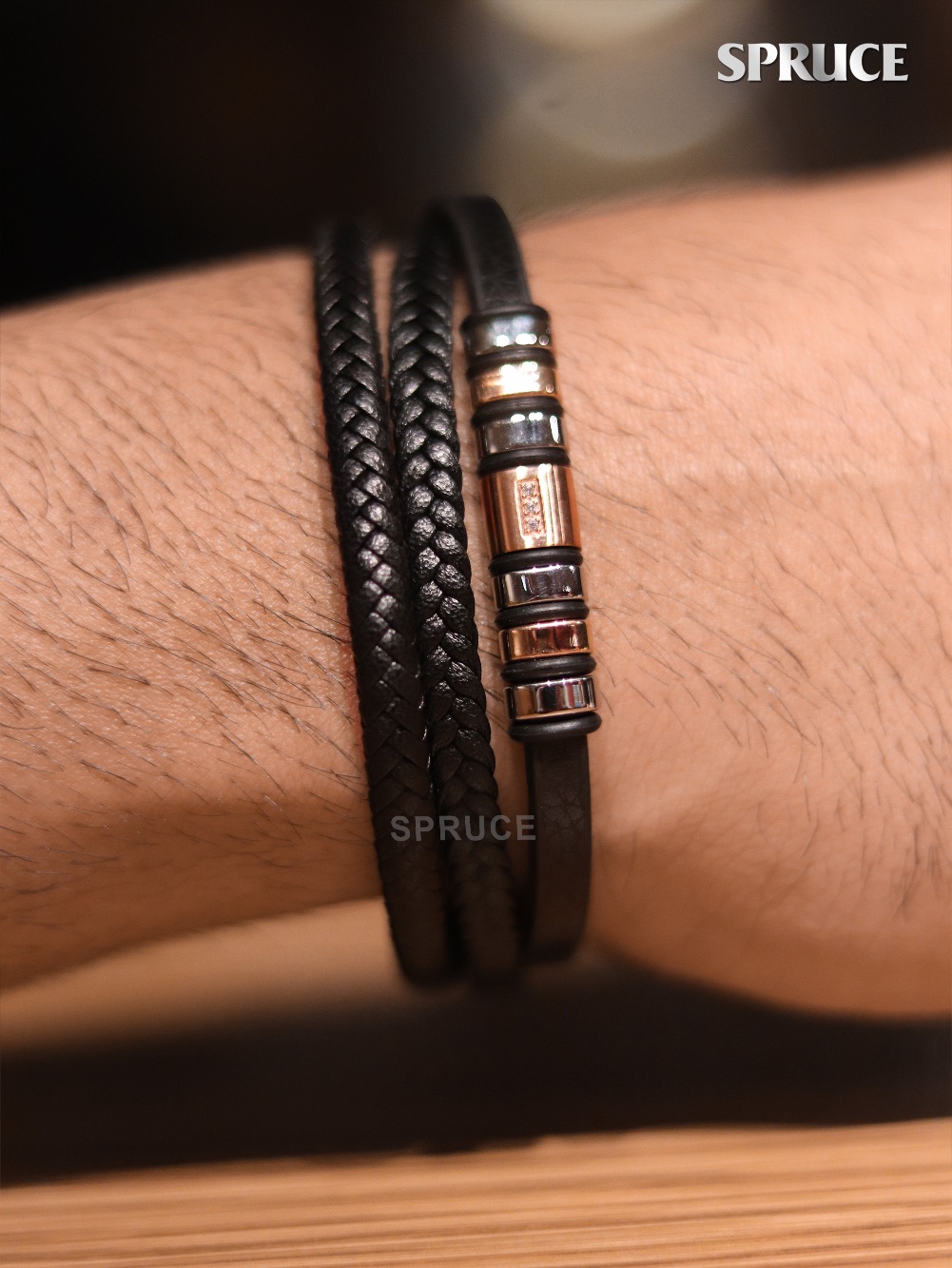 Triple layered Rose Gold and Platinum Faux Leather and CZ Bracelet