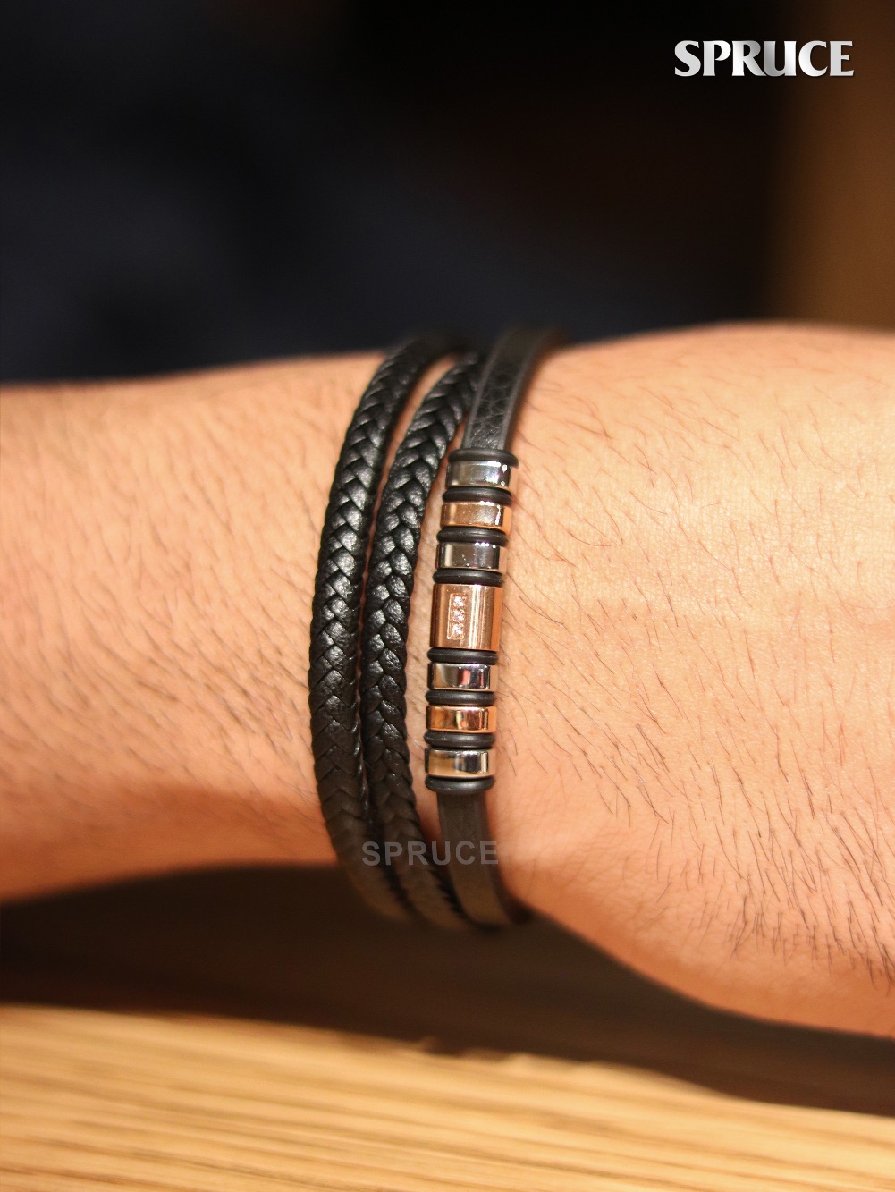 Triple layered Rose Gold and Platinum Faux Leather and CZ Bracelet - Image 2