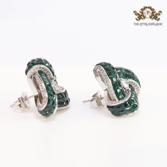 Deep Green Stone and CZ triple layered triangle studs - Image 2