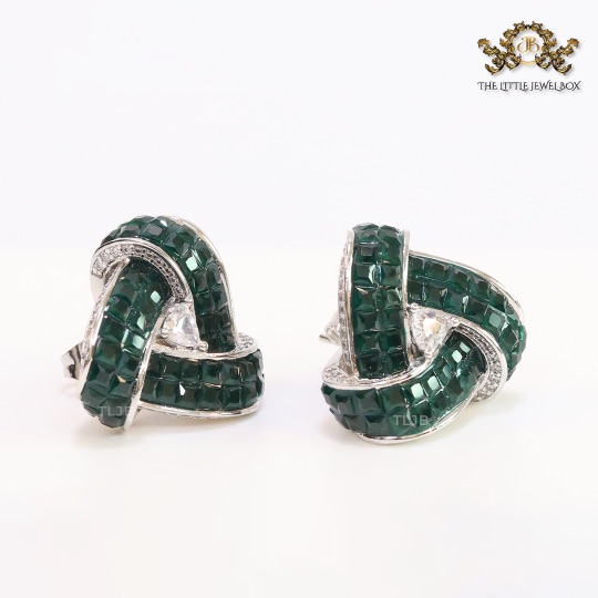 Deep Green Stone and CZ triple layered triangle studs - Image 3