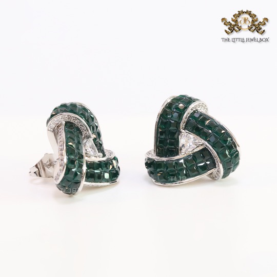 Deep Green Stone and CZ triple layered triangle studs - Image 4