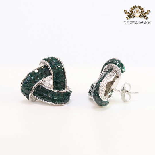 Deep Green Stone and CZ triple layered triangle studs - Image 5