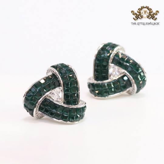 Deep Green Stone and CZ triple layered triangle studs - Image 6