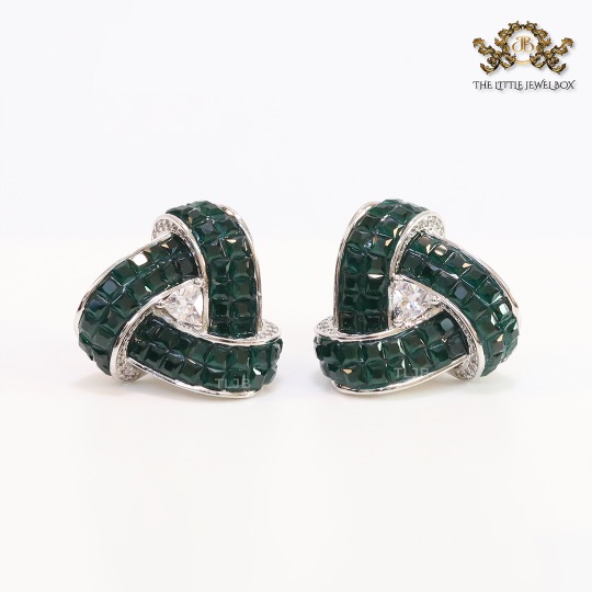 Deep Green Stone and CZ triple layered triangle studs - Image 7