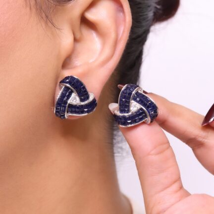 Deep Blue Stone and CZ triple layered triangle studs