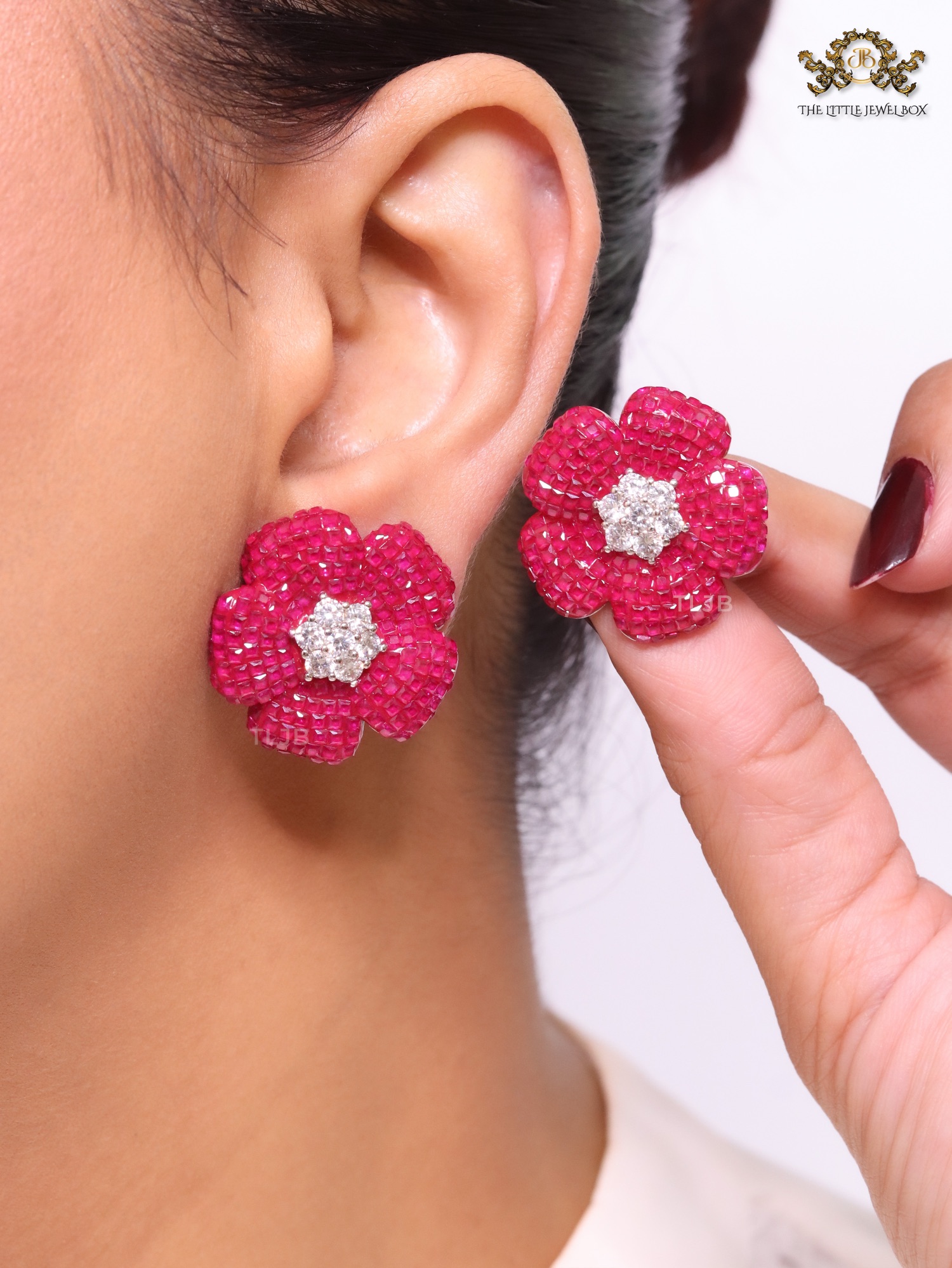 Red Ruby stone flower with cz