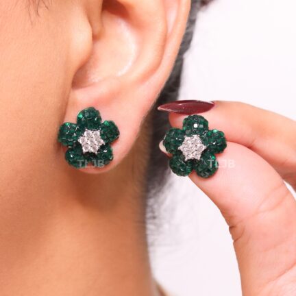 Five Petal Deep Green Stone and CZ Centre flower studs
