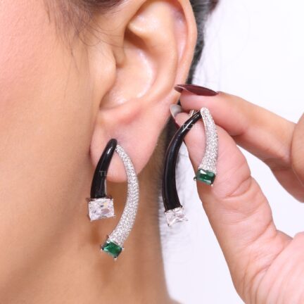 Black enamel, emerald green baguette and CZ earrings