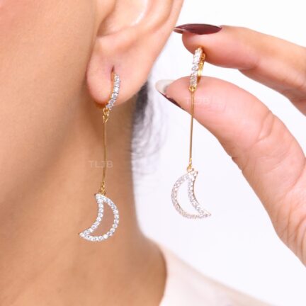 Gold small hoops with hanging crescent CZ earrings