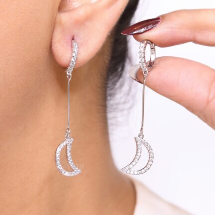 Platinum small hoops with hanging crescent CZ earrings