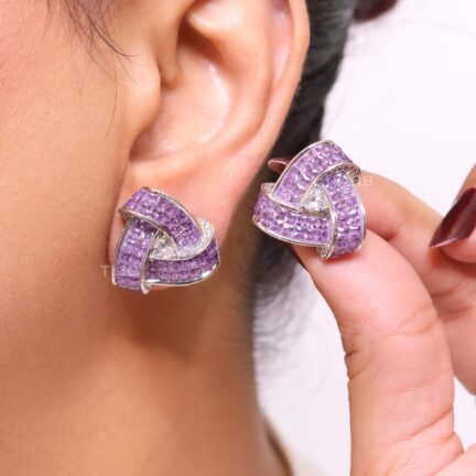 Lilac Stone and CZ triple layered triangle studs