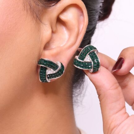 Deep Green Stone and CZ triple layered triangle studs