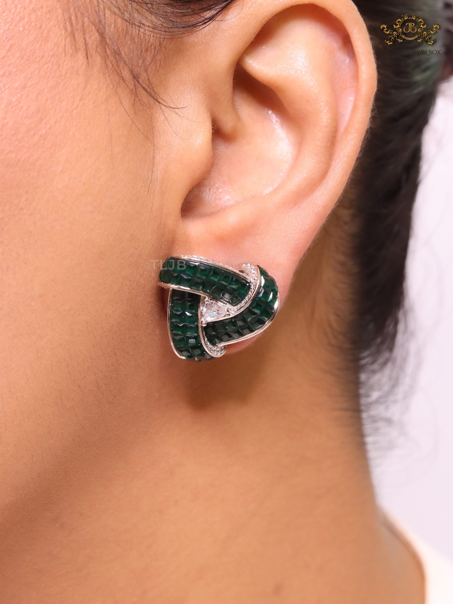 Deep Green Stone and CZ triple layered triangle studs - Image 9