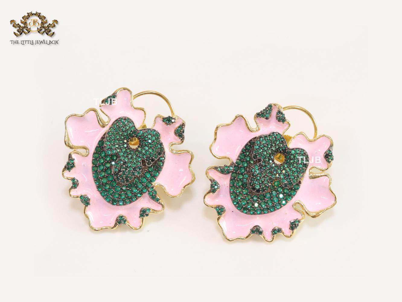 Pink enamel and green crystal studs - Image 2