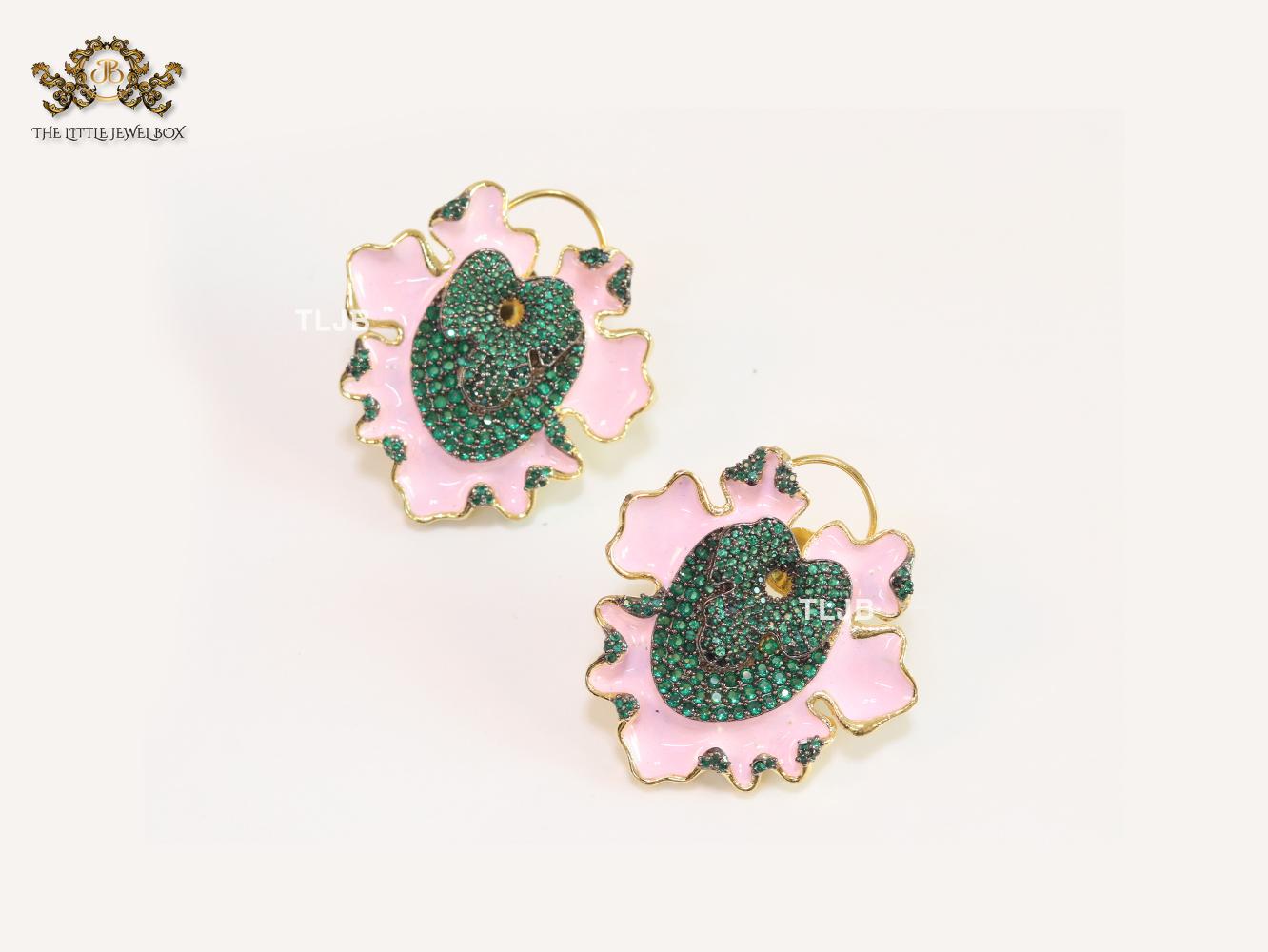 Pink enamel and green crystal studs - Image 3