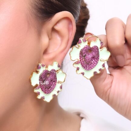 Pistachio enamel and pink crystal leaf studs