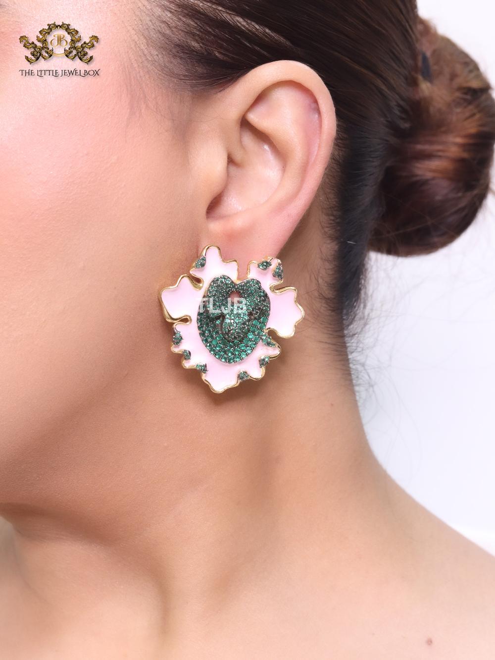 Pink enamel and green crystal studs - Image 6
