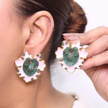 Pink enamel and green crystal studs