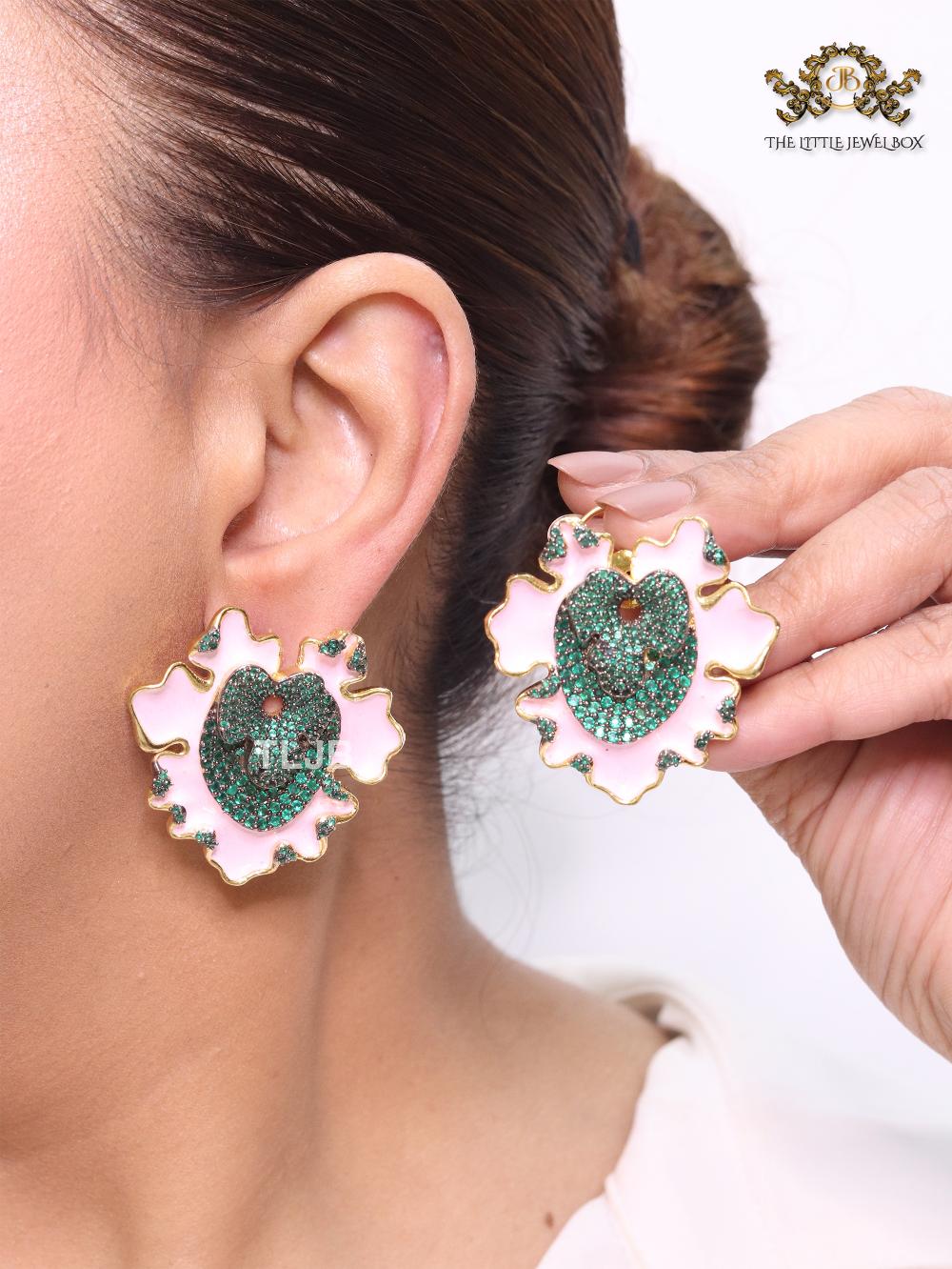 Pink enamel and green crystal studs