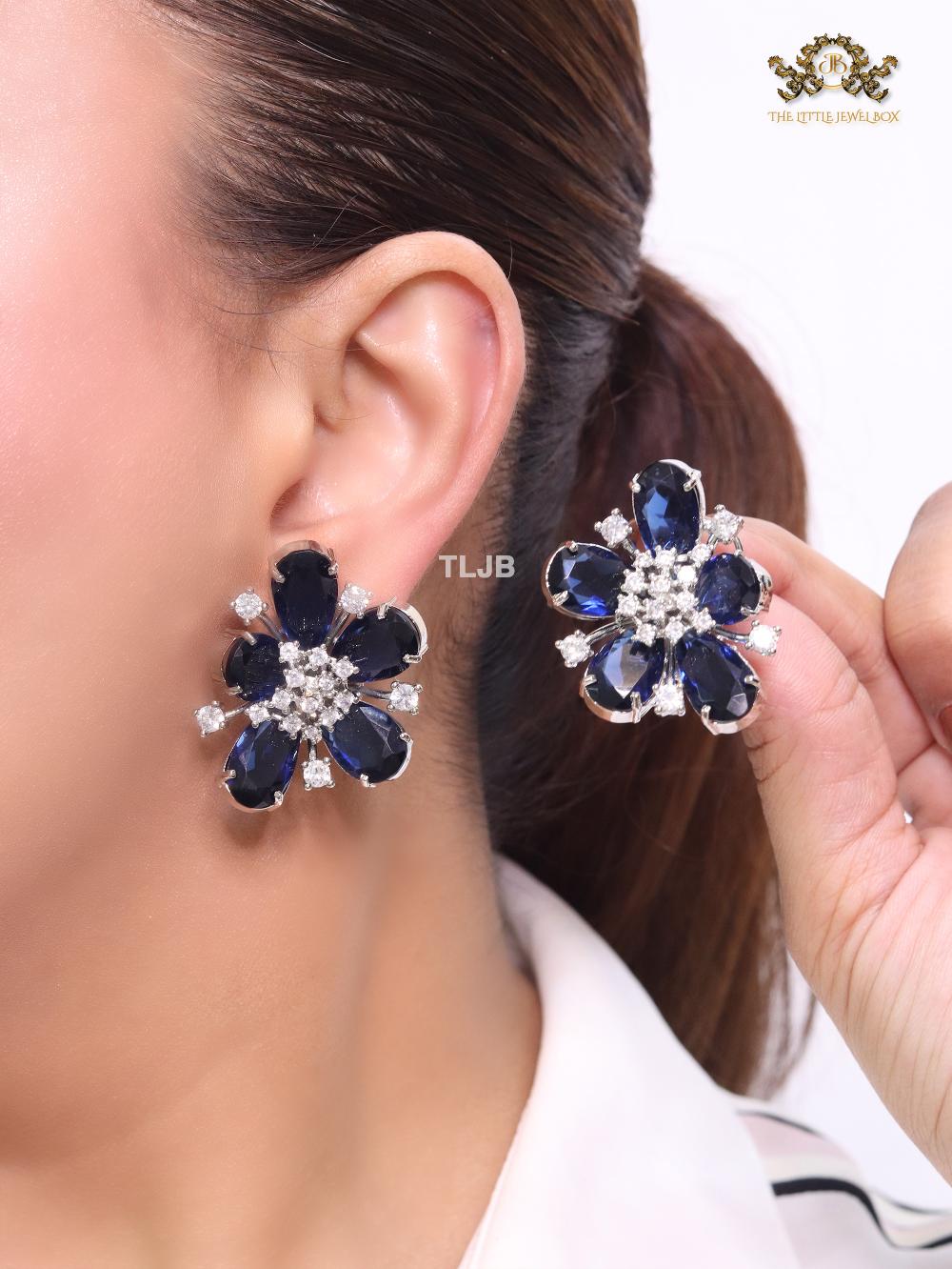 Deep blue flower crystal studs