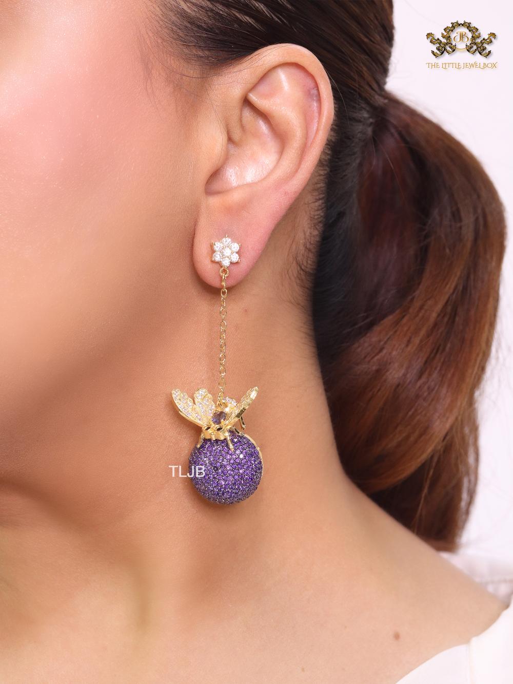 Butterfly motif and half ball danglers in purple cz - Image 2