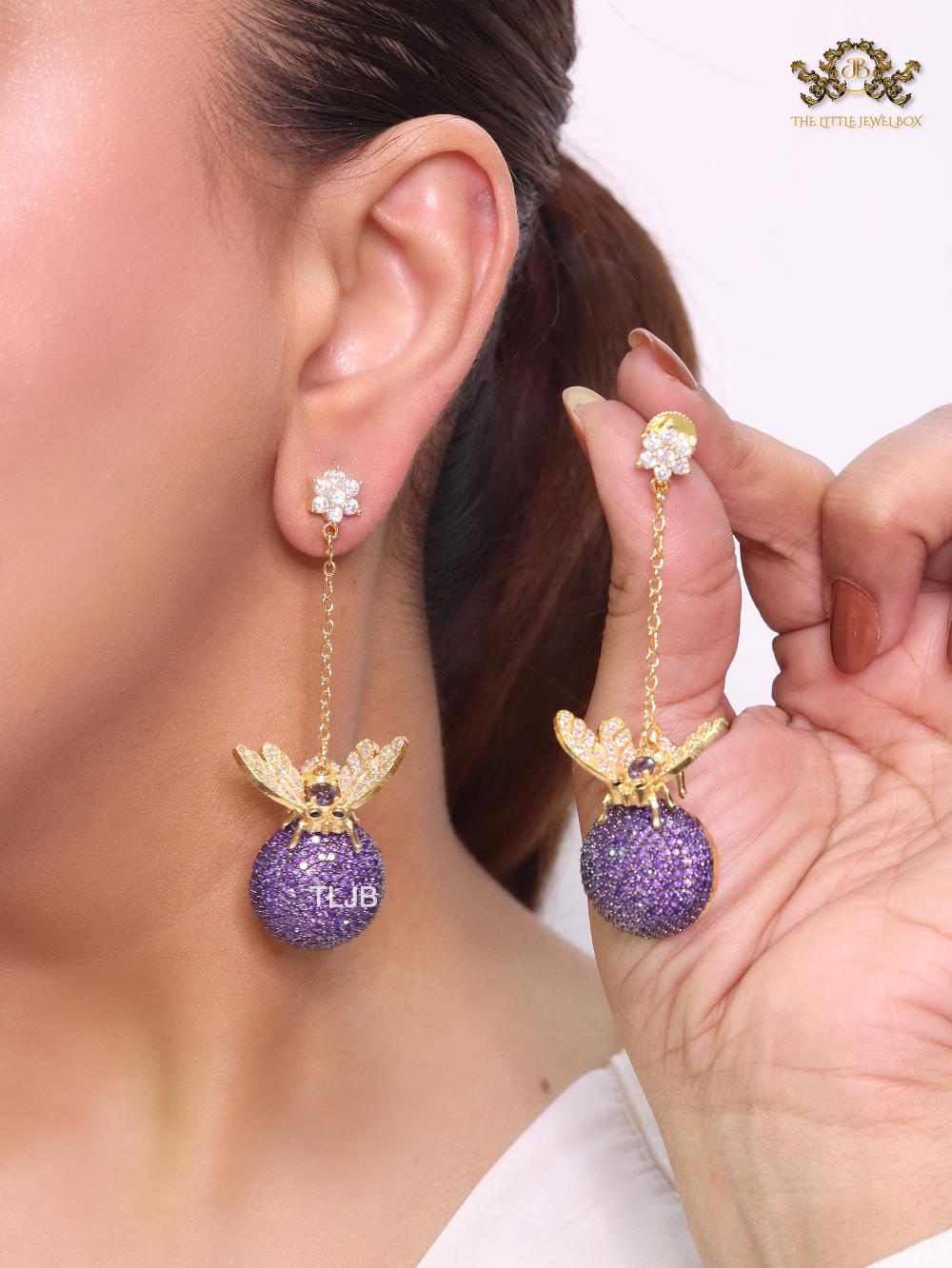 Butterfly motif and half ball danglers in purple cz - Image 3