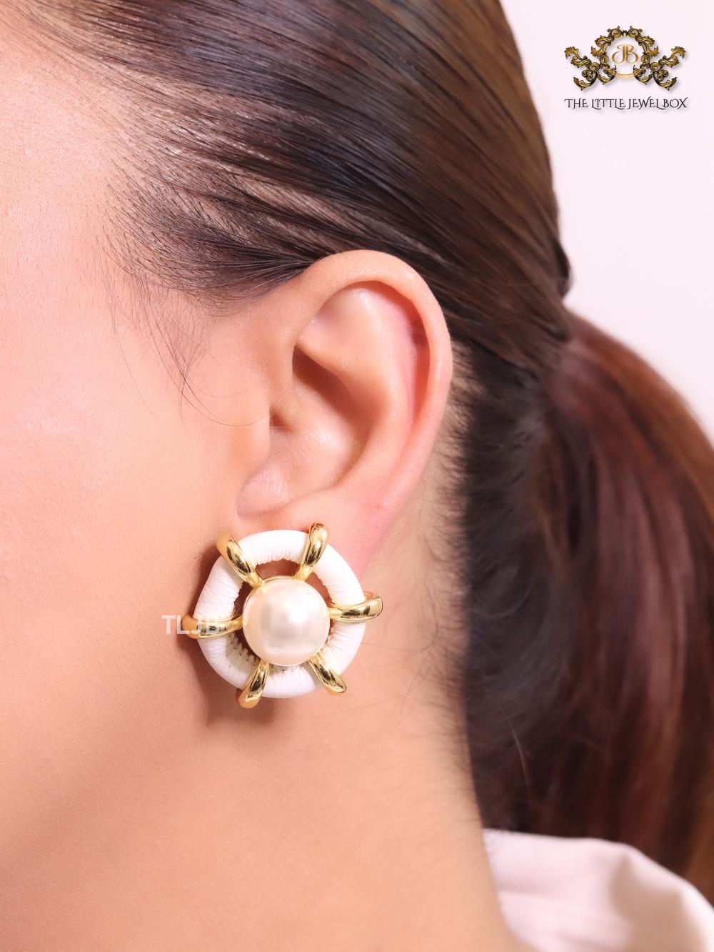 Pearl and white leather statement studs - Image 2