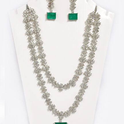 Cz and emerald stone long necklace