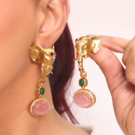 Elephant head statement danglers- Rose quartz
