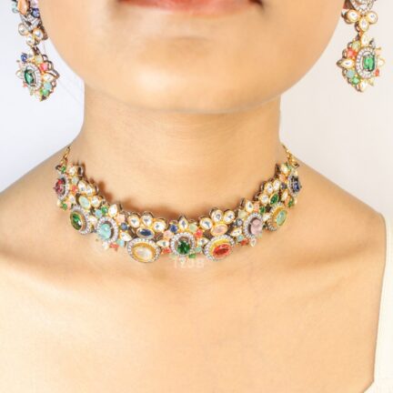 Gemstone Cluster and exquisite kundan with cz choker set