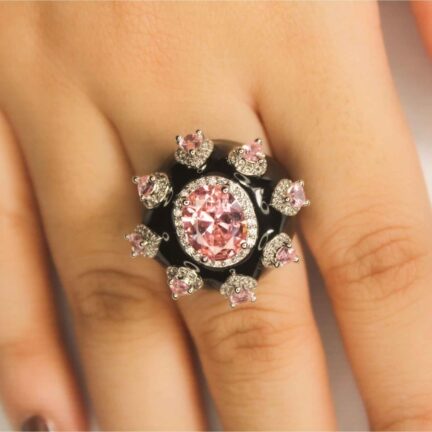 IMG_4862 pink halo black enamel diamond ring adjustable