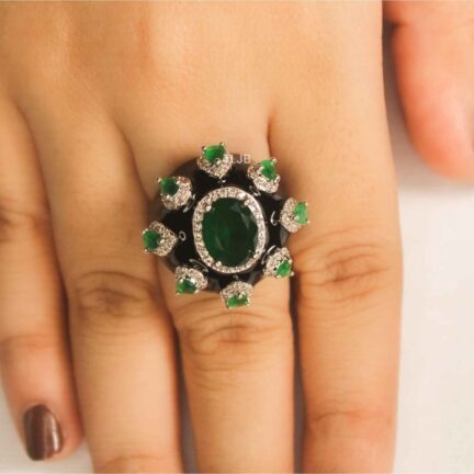 IMG_4868 emerald green halo black enamel diamond ring adjustable