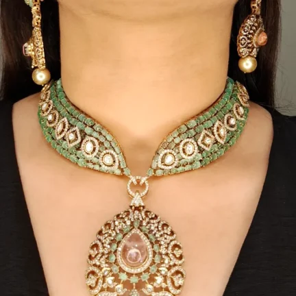 Fusion Kundan Necklace Set with Pink and Mint Green Stones
