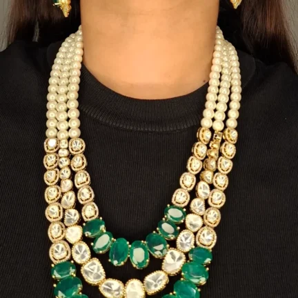Triple Line Long Length Necklace Set with Emerald Green Stones