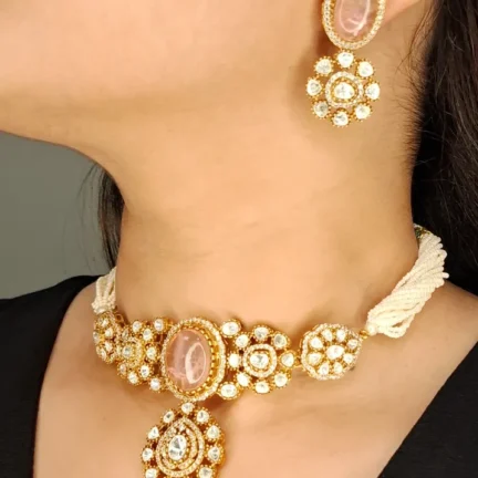 Moissanite Polki Fusion Choker Set with Rose Quartz Stones