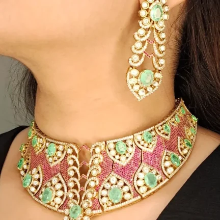 Designer Fusion Collar Set with Cut Rubies and Emerald Stones