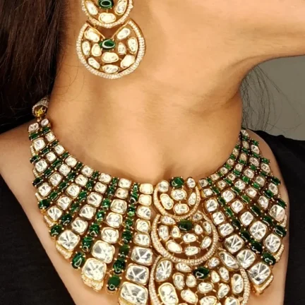 Moissanite Polki Fusion Necklace Set with Emerald Green Stones