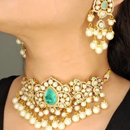 Moissanite Polki Fusion Choker Set with Columbian Emerald